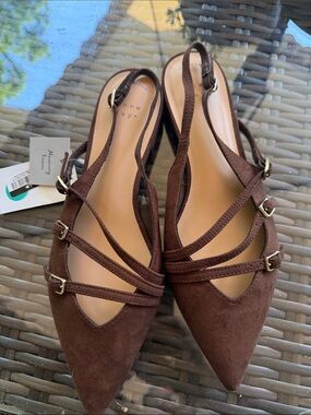 a new day Brown Suede Pointed Toe Strappy Slingback Flats